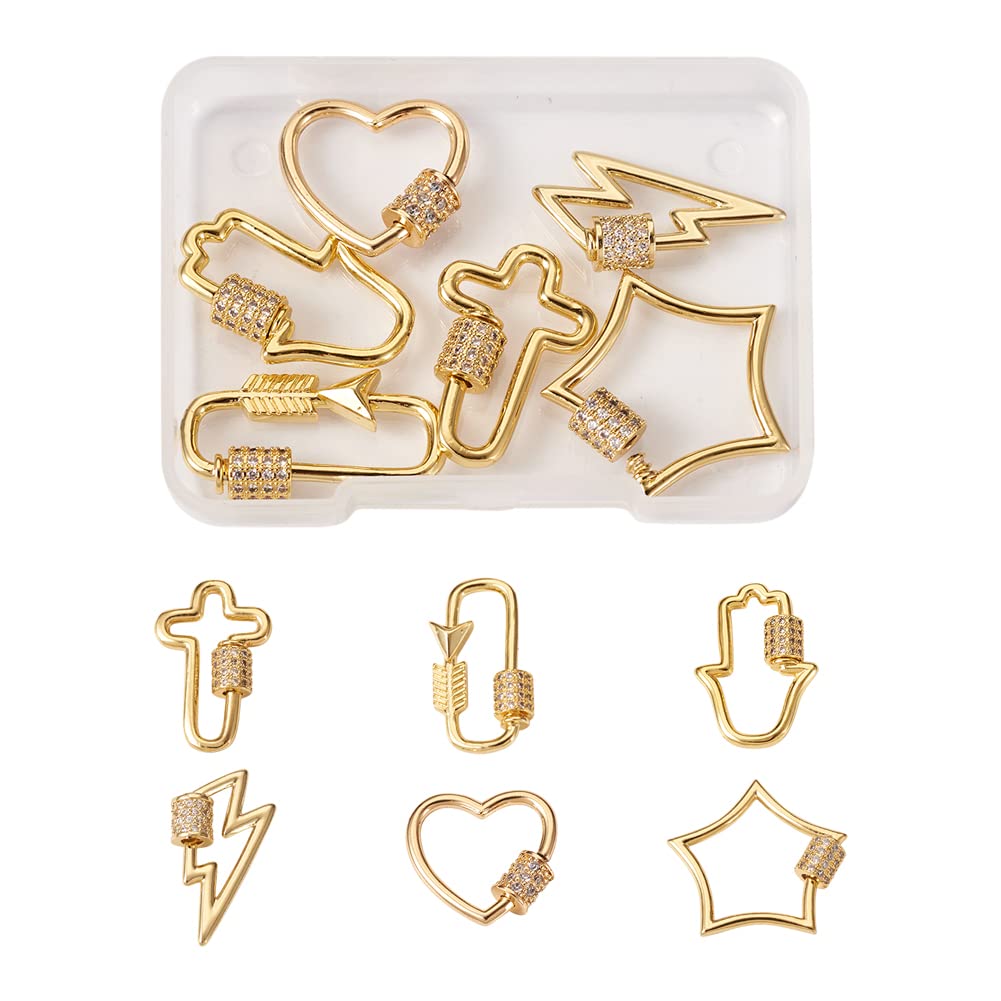 Cheriswelry 6Pcs Brass Micro Pave Clear Cubic Zirconia Keychain Clasps Golden Screw Carabiner Lock Clasps for Jewellery Necklace Keyrings Making