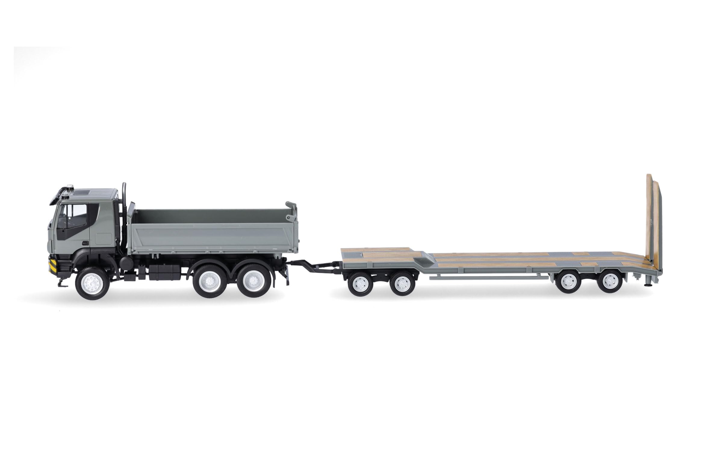 Herpa Maquette Camion Iveco Trakker 6x6 Kipper-LKW mit TU4-Anhänger, Grau/Gelb, échelle 1/87, Model Allemand, pièce de Collection, Figurine Plastique