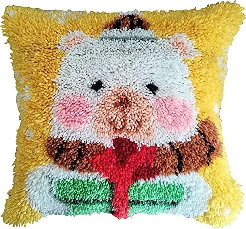 Image of Beyond Your Thoughts Christmas Latch Hook Kits Cute Bear Pillow Cover Pattern Printed Crochet Needlework Crafts for Kids Adults and Beginners Family Decoration 16.5 * 16.5 in BZ1102
