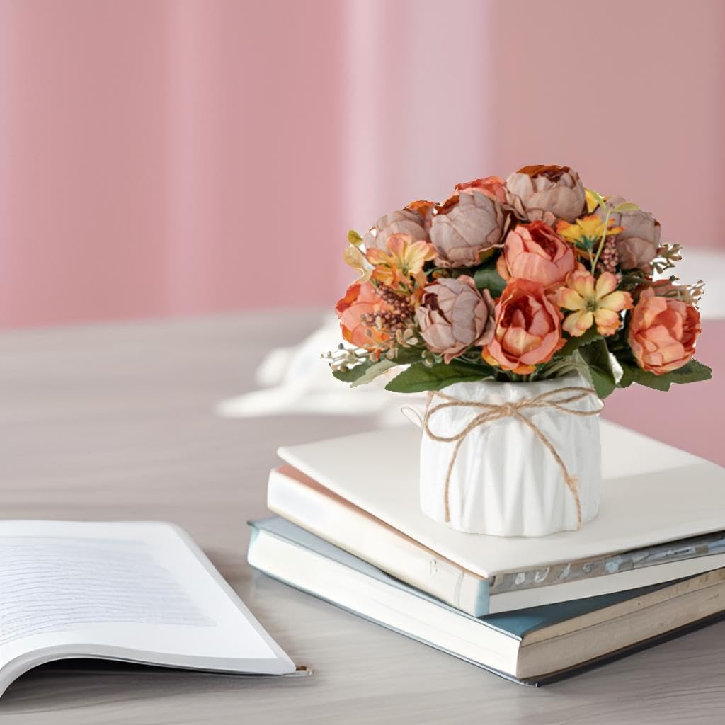 Hbluefat Faux Flowers with Vase,Artificial Silk Flowers in Ceramic Vase,Small Fake Flower Arrangement for Home Office Kitchen Bathroom Coffee Dining Table Centerpiece Decor (Orange,Peony) - Image 5