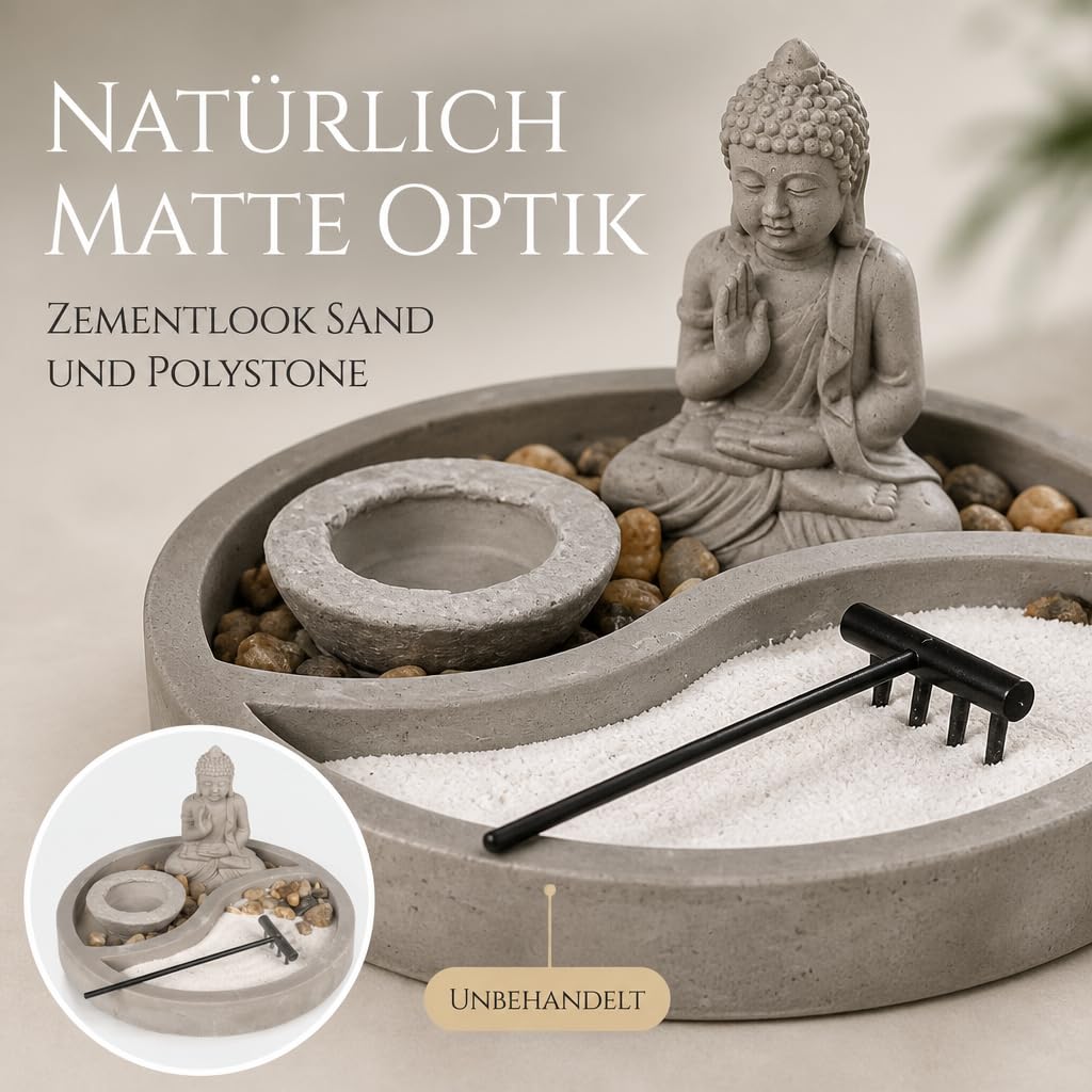 Mijoma Statuetta di Buddha su piatto di cemento con porta candeline, rastrello, pietre decorative e sabbia, set da giardino Zen per la pace e l'armonia (Ø 19 cm)