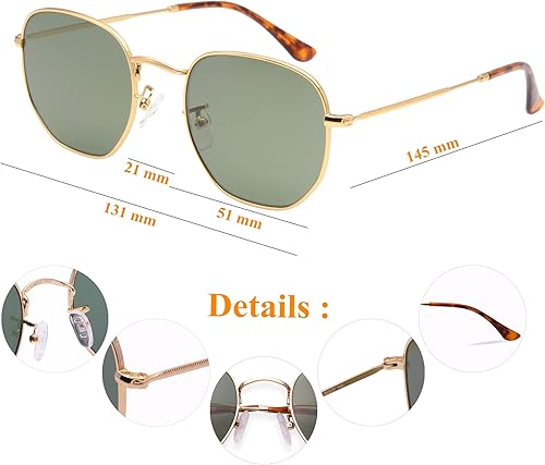 Miniatura 6 de Lentes de sol hexagonales con lente de cristal retro para hombres y mujeres, marco de metal cuadrado vintage, lentes planas, lentes de sol