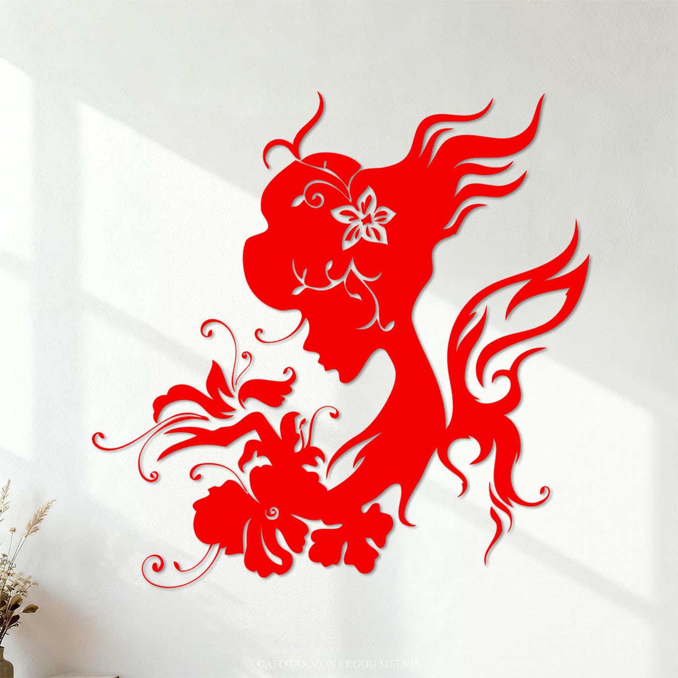 Vinyl Art Sticker Silhouette Beautiful Woman Butterfly Flowers 72x72.1cm Art Decoration Red