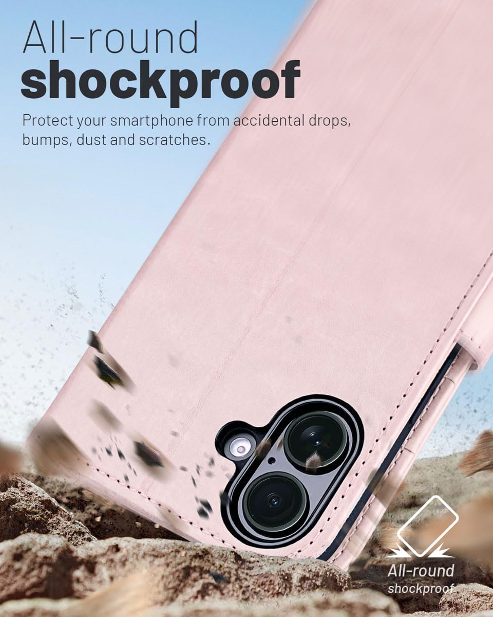 OCASE Compatible with iPhone 16 Wallet Case, PU Leather Flip Folio Case with Card Holders RFID Blocking Kickstand [Shockproof TPU Inner Shell] Phone Cover 6.1 Inch 2024, Light Pink