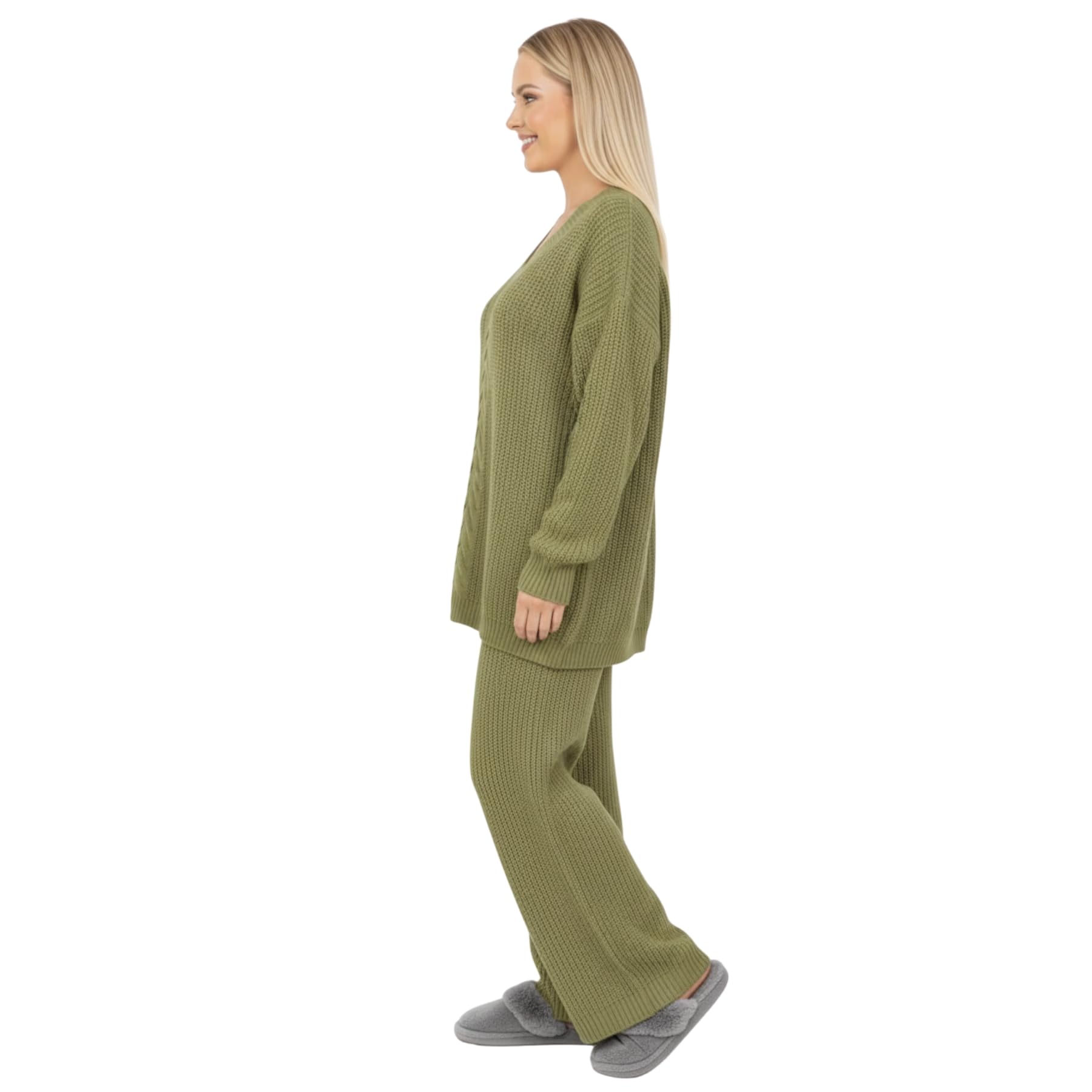 janisramone Set da donna in 2 pezzi, maglia a trecce, maglione a maniche lunghe con scollo a V e pantaloni a gamba larga, tuta per autunno e inverno, taglia 40-46