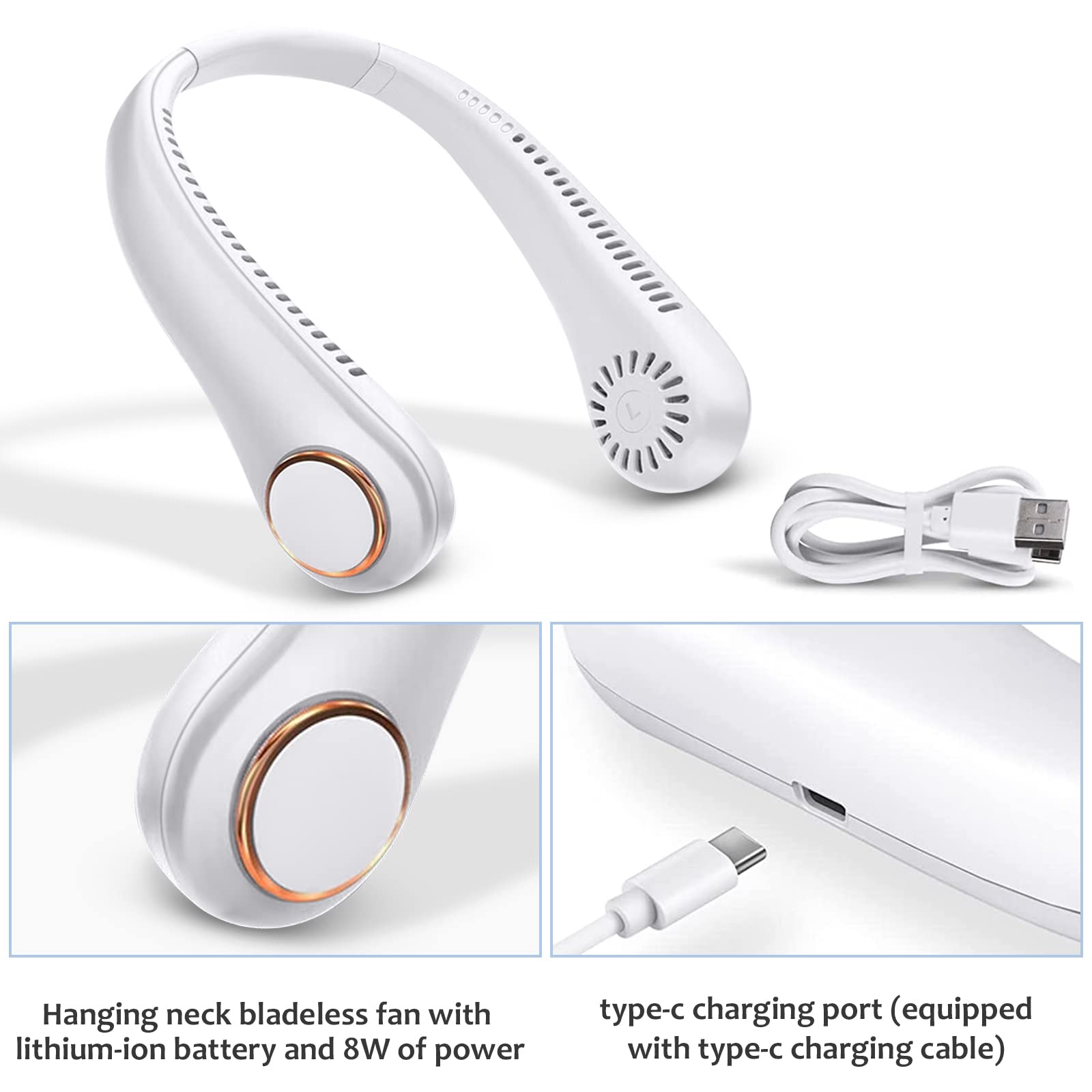 FFTANXS Ventilatore da Collo Portatile, Mini Ventilatore Portatile Ricaricabile, USB Ventilatore Collo Senza Lama, Mini Ventilatori USB con 3 velocità, per Ufficio,Casa,Aria (white)