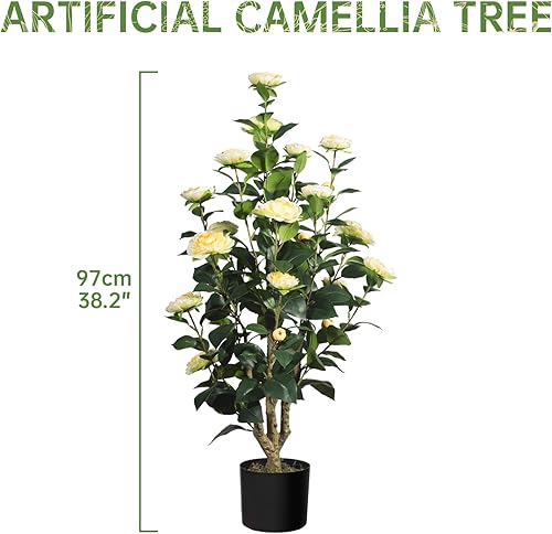 Miniatura 6 de Romantic Season Paquete de 2 árboles artificiales de camelia de 3 pies, color amarillo, planta falsa de camelia en maceta, árbol de camelia de