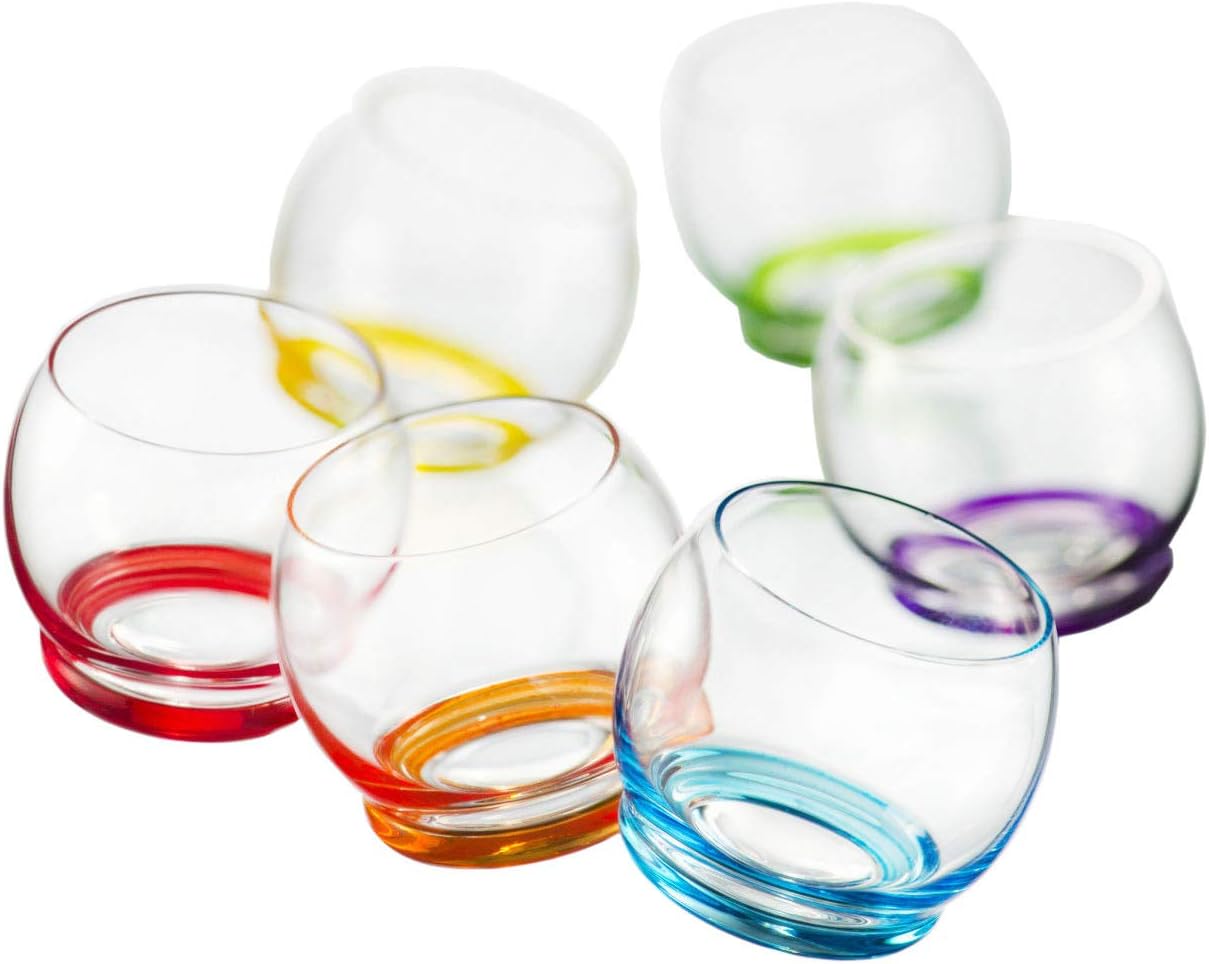 Rainbow Multi Colored Bottom Drinking Glasses Set of 6 , Fun and Cool, Mixed Vibrant Different Colors, Large, Double Walled Glass, Kitchen / 10.4 Ounces 310 Milliliters