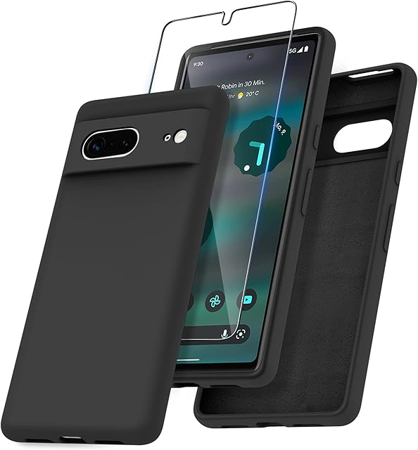 Janmitta for Google Pixel 7 Case and 1 Pack Tempered Glass Screen Protector, Slim Liquid Silicone Shockproof Protective Case - Black
