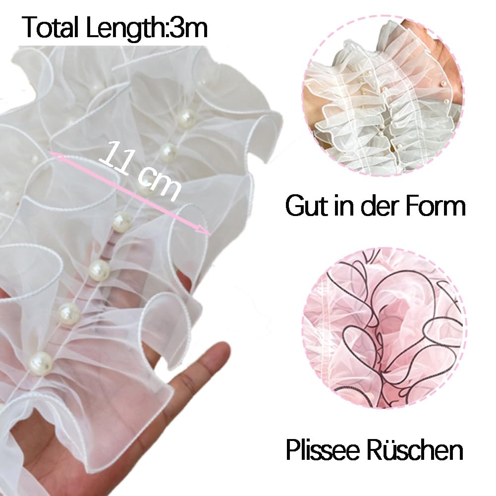 Cinta de organza plisada, 11 cm x 3 m, cinta de volantes, cenefa de encaje de organza