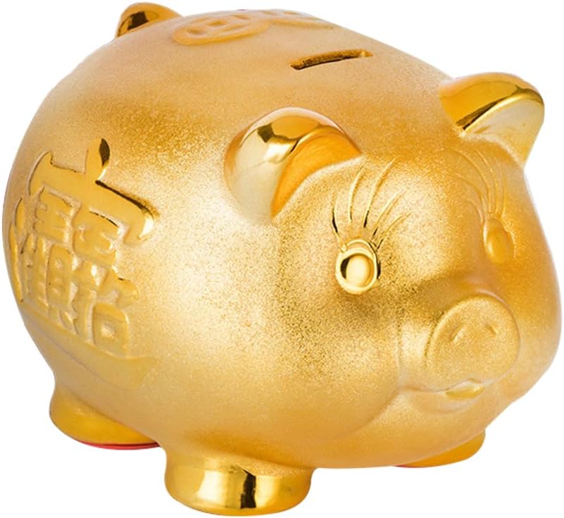 HEALLILY Creative Ceramic Piggy Bank for Kids - Fortune Pig Coin Saving Pot Money Box 5.31 Inch Cute Cartoon Money Holder for Birthday New Year Bedroom Living Room