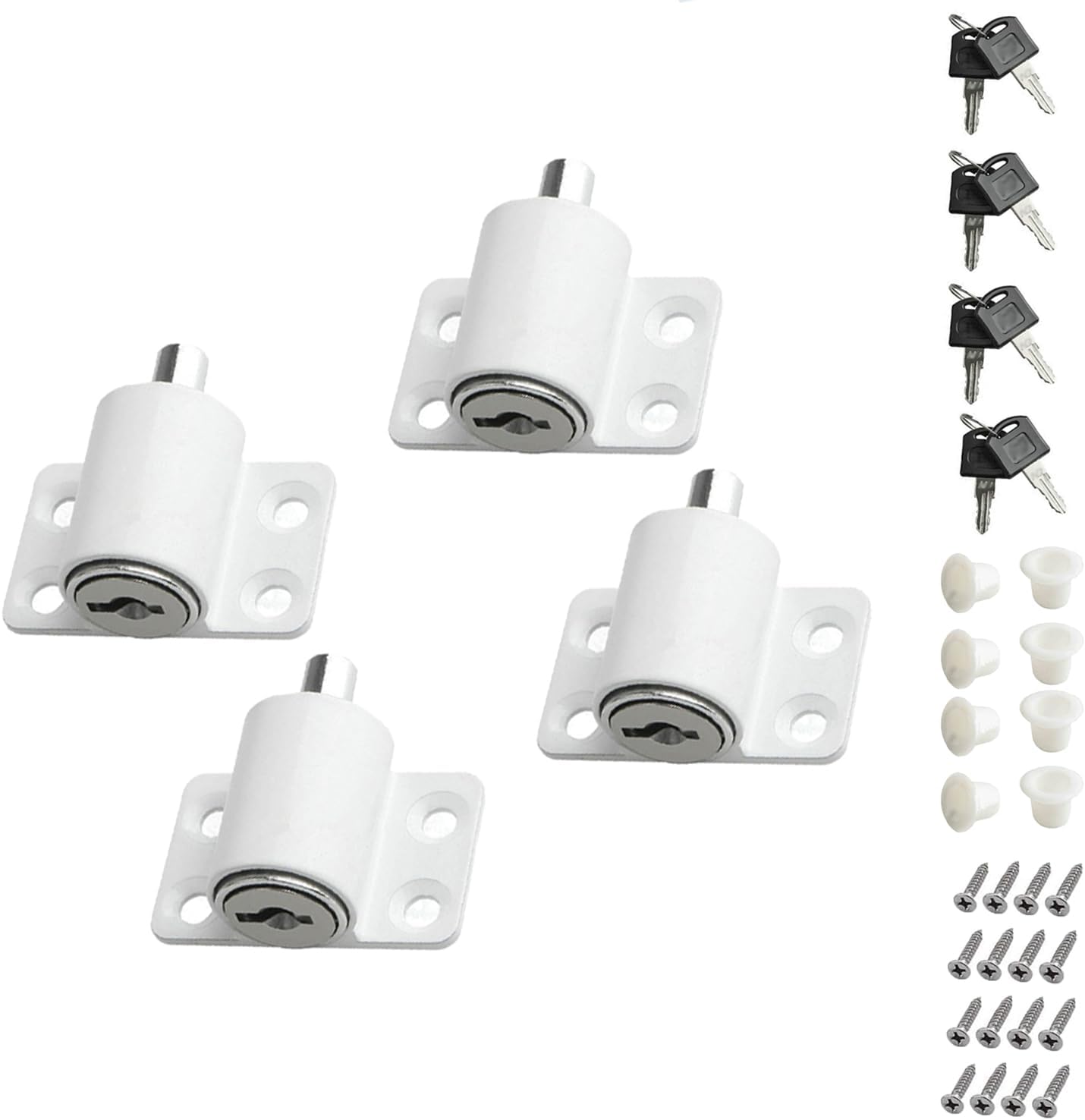 – 4-Piece Sliding Window Security Locks with Key, Universal White Caps, Screws - Multi-Purpose Window and Door Locks for Home and Office Safety