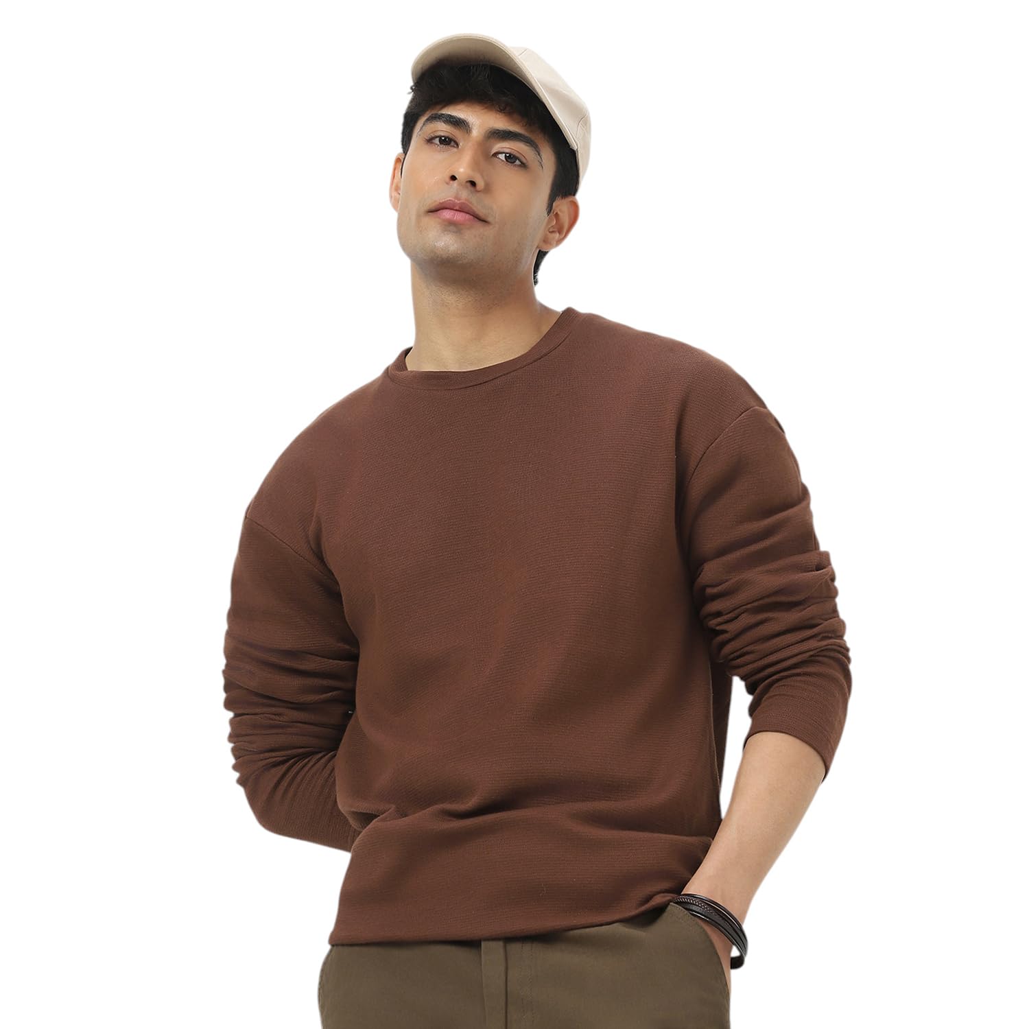 Men's Textured Round Neck Oversized Full Sleeve Cotton T-Shirt-image-13