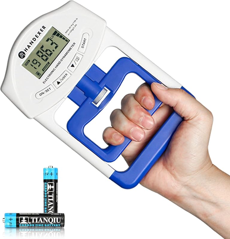 Probador digital de fuerza de agarre, dinamómetro manual de 198 lb, azul | Capacidad de 198 libras; incrementos de 0,2 libras; 19 perfiles de usuario; Mango ajustable; Pantalla LCD; Para deporte y rehabilitación