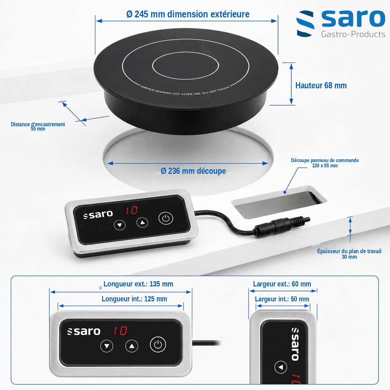 Saro - Eva Plaque à Induction Encastrable, pour Casseroles jusqu'à Ø 200 mm, Écran Tactile, 9 Niveaux de Température, Affichage LED, Plage de Température de 60 à 100 °C, 1 kW