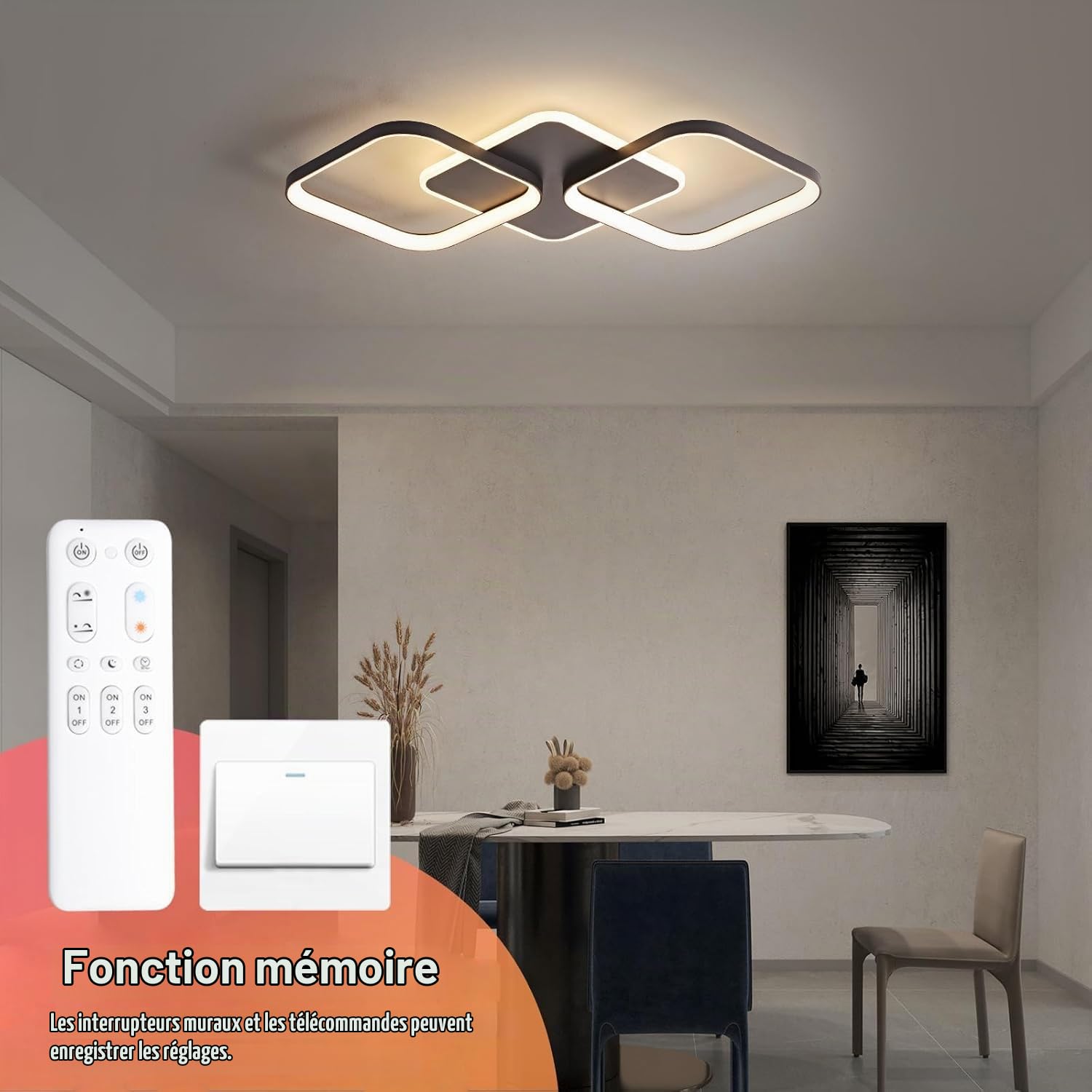 ANTENLICHT Plafonnier LED Moderne Dimmable avec Télécommande, 40W 4500LM Lampe de Plafond Avec Fonction Mémoire, Luminaire Plafonnier LED pour Chambre salon, Salle à manger Cuisine, Noir 50x50x5cm