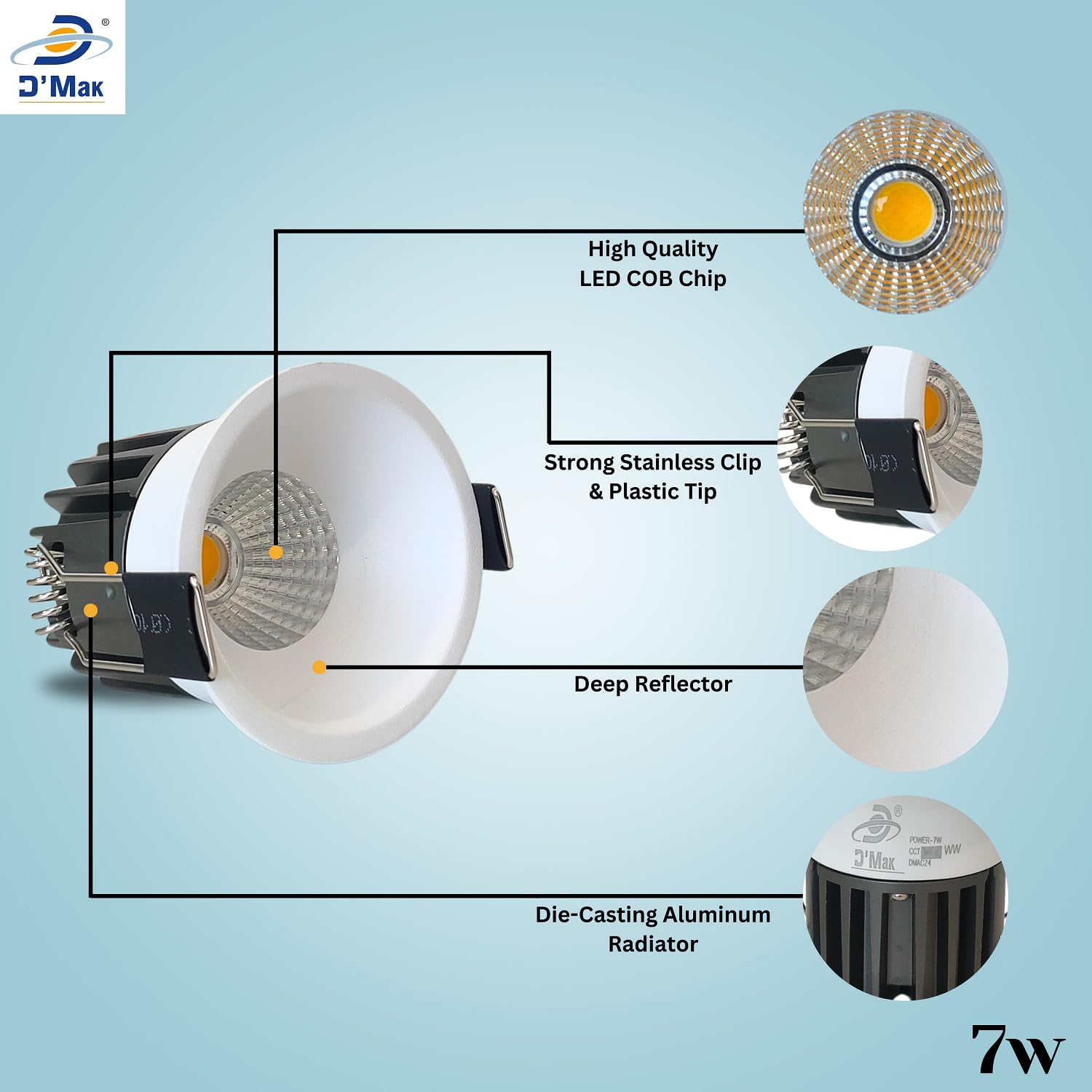 D'Mak 7W White Body LED Deep COB Light | Recessed LED Ceiling Light for Indoor Lighting (3in1, Pack of 5) 3