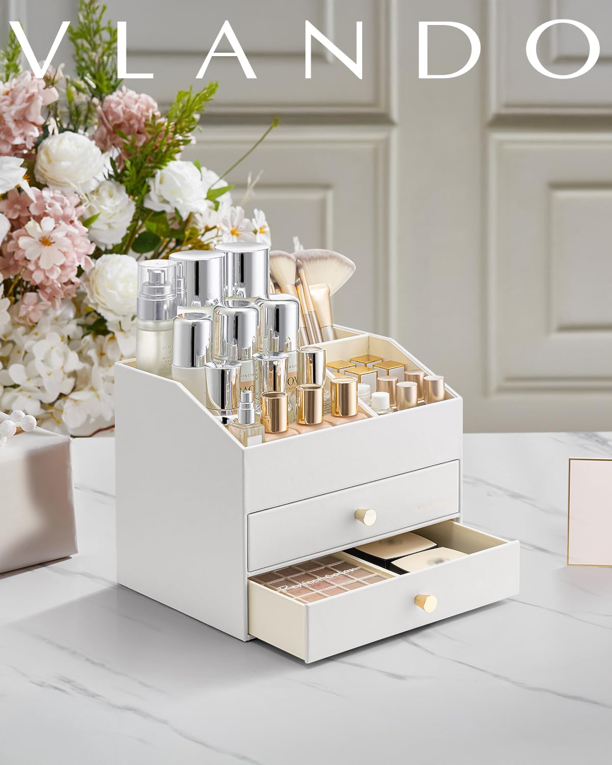 VLANDO Organizer per trucchi con 3 cassetti, organizer da toeletta in PU leader | Organizer per profumi, per la cura della pelle, accessorio da toeletta per rossetto, regalo, bianco
