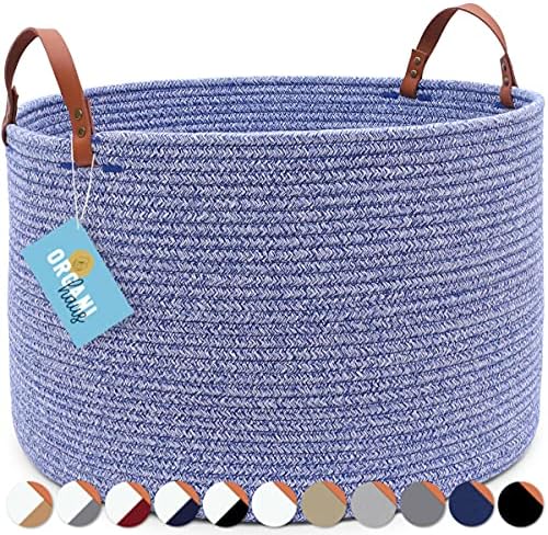 OrganiHaus Extra Large Cotton Rope Basket with Real Leather Handles | Woven Basket | Baby Woven Laundry & Blanket Basket | Large Toy Storage Basket for Kids & Rope Storage Basket Woven 50x33cm - Brown