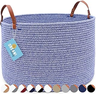 OrganiHaus Extra Large Cotton Rope Basket with Real Leather Handles | Woven Basket | Baby Woven Laundry & Blanket Basket | Large Toy Storage Basket for Kids & Rope Storage Basket Woven 50x33cm - Brown