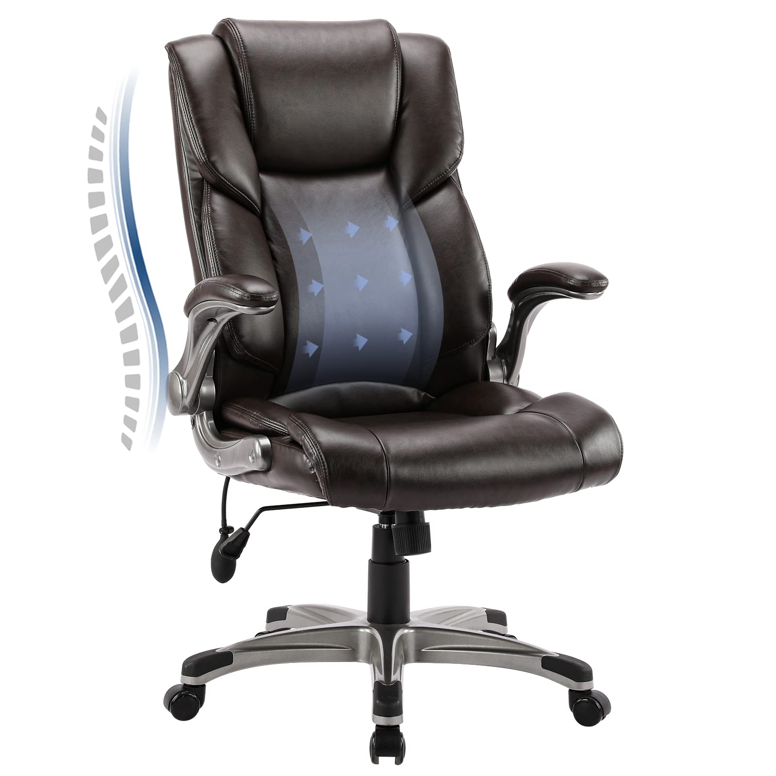 COLAMY Bürostuhl Ergonomisch, Chefsessel mit Hoher Rückenlehne, Schreibtischstuhl Lederstuhl mit Gepolsterten Klapparmlehnen, Verstellbarer Neigungsverschluss, Drehstuhl für Erwachsene, Braun