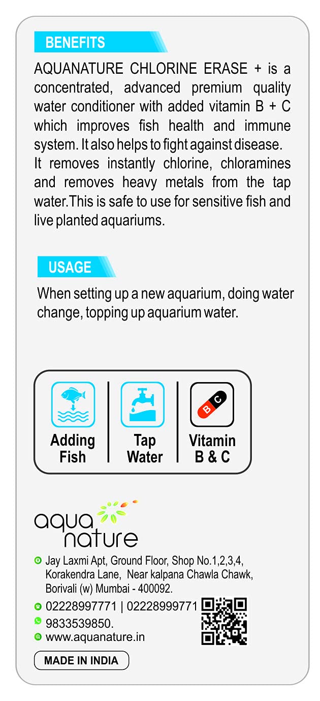 AquaNature® Chlorine Erase + Water Conditioner Concentrated Chlorine Remover +Vitamin B&C for Freshwater Aquarium (1Ltr)
