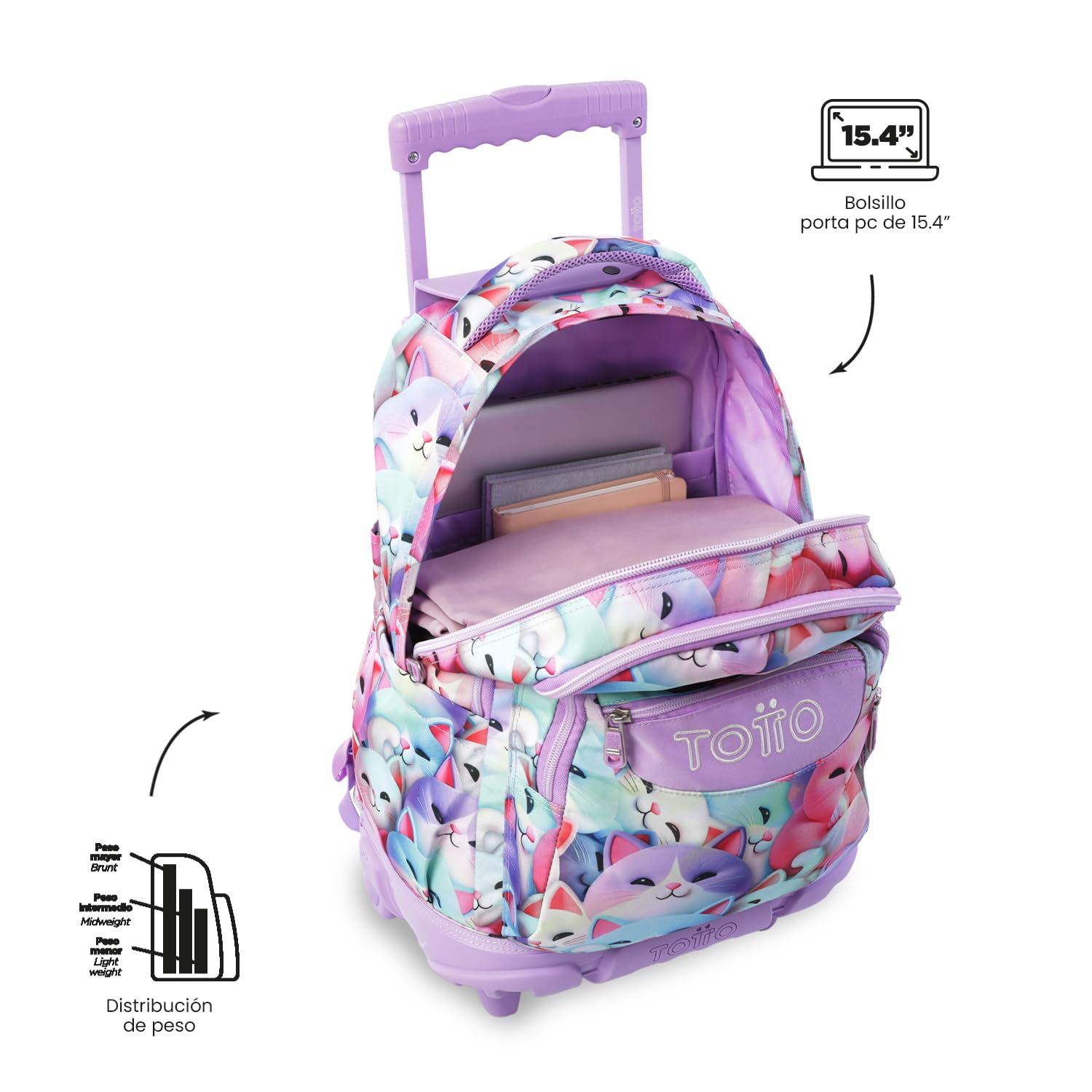 TOTTO Mochila Escolar con Ruedas Renglones 26,21 Litros Bolsillo PC 15,4" Resistente Estampado Mewsy 3D
