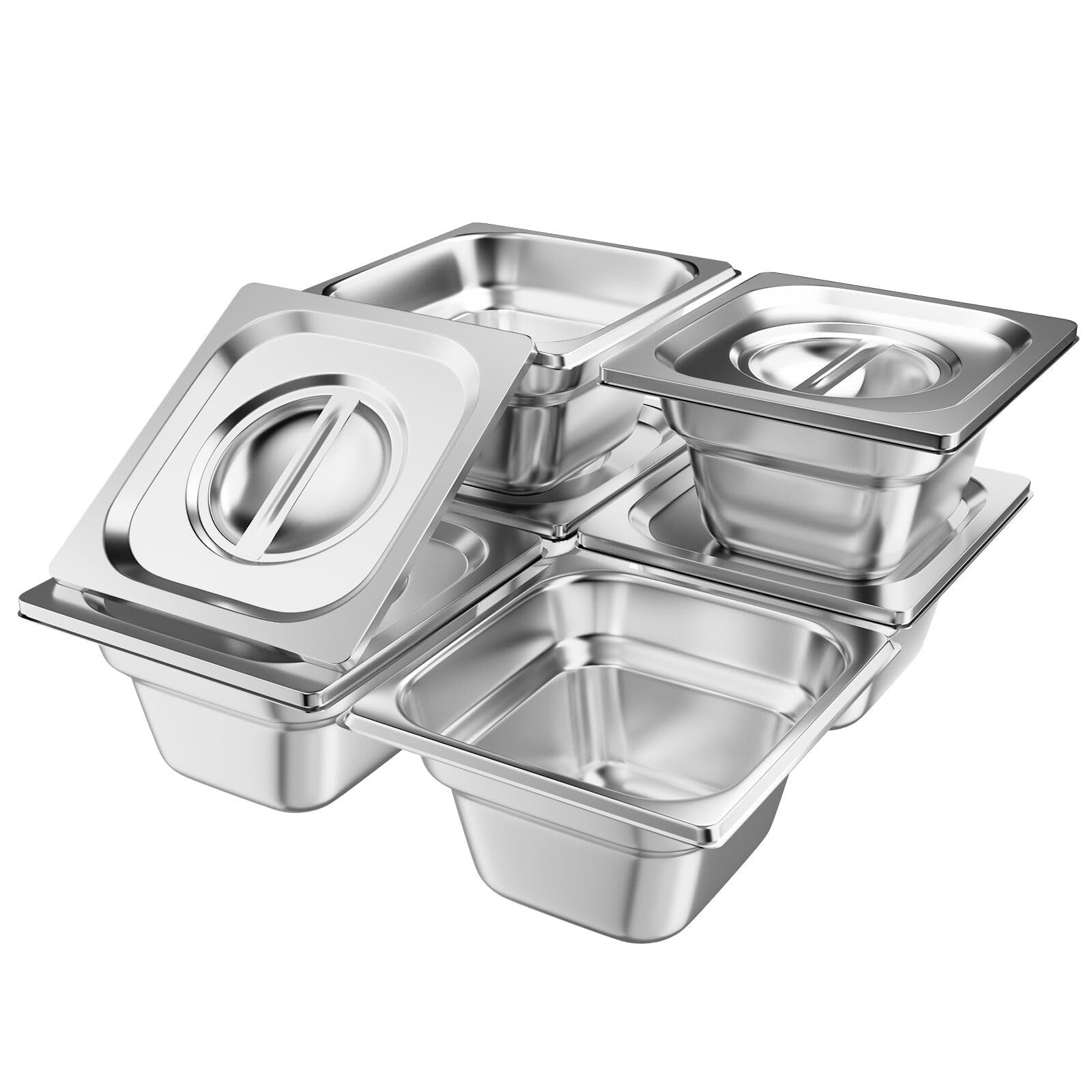 TAIMIKO 6 recipientes de acero inoxidable con tapas, bandeja Gastronorm GN 1/6, 100 mm de profundidad, contenedor de almacenamiento de alimentos Bain Marie Catering, sartenes de 1 mm de grosor (1/6