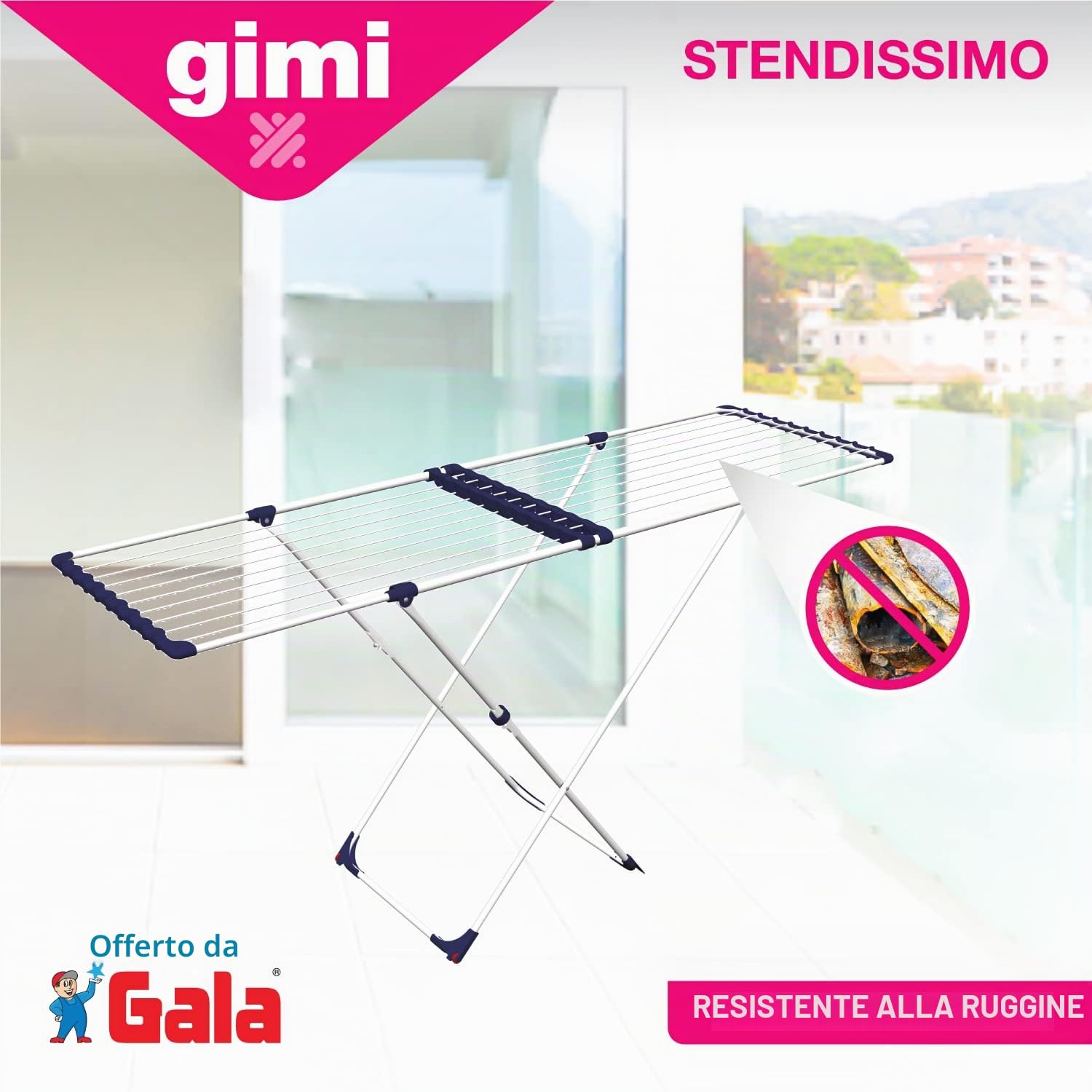 GIMI Stendissimo Stendibiancheria da Pavimento, Stendino Estensibile, a Cavalletto, Spazio di Stenditura 20 m, con Ruote, Acciaio, 185.5 x 57 x 93 cm