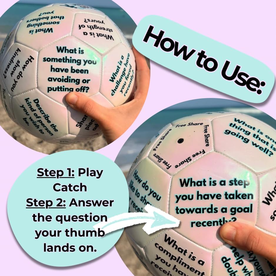 Therapeutic Conversation Ball, 30 Questions for Group Activities, Therapy Sessions, Family Discussions, Iridescent Soccer Ball Design