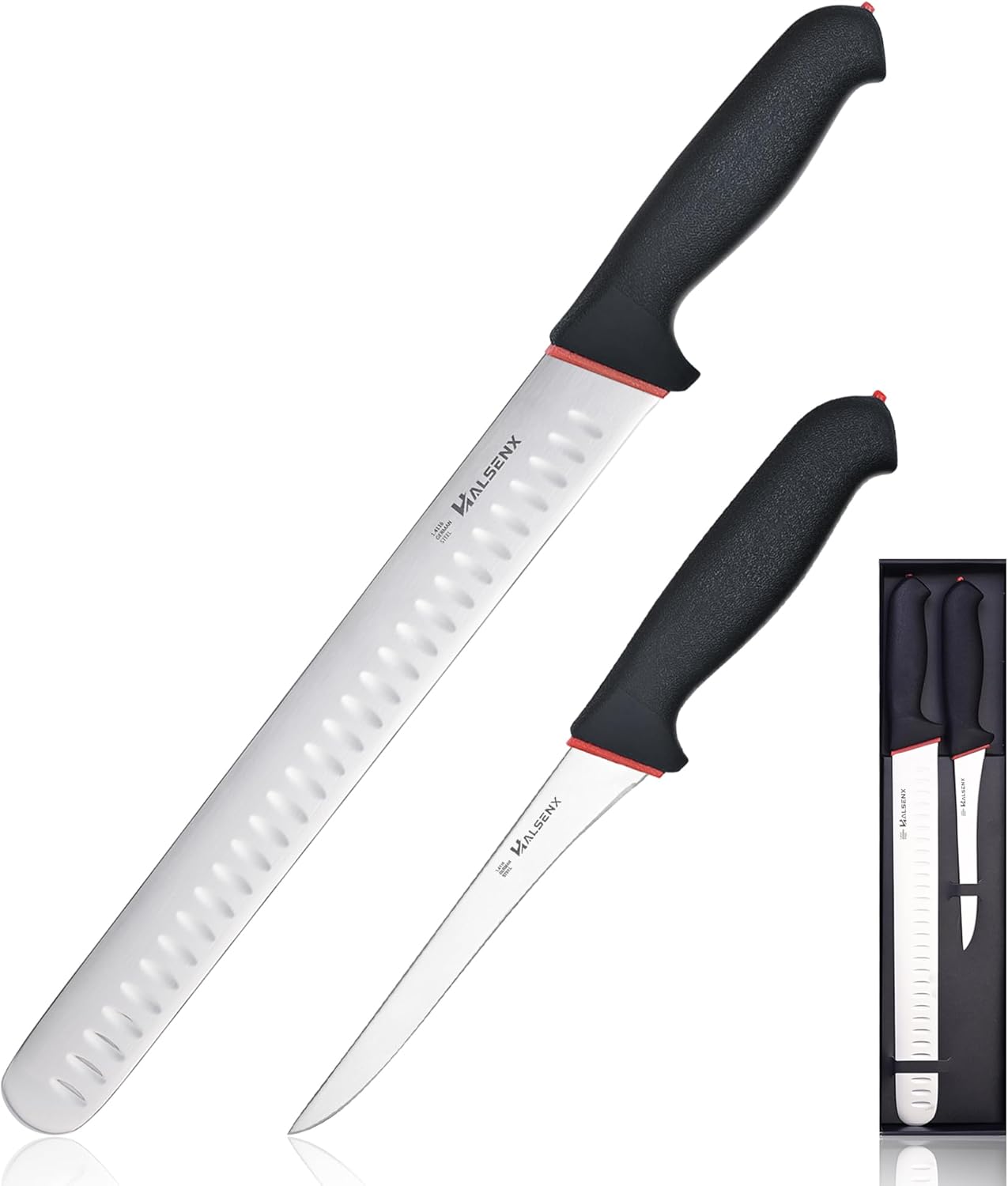 2PCS Professional BBQ Knife Set - Non-Slip SoftGrip, 12" Slicing Knife, 6" Stiff Boning Knife, Meat Cutting & Deboning Kit for Roast Turkey, Brisket, Ham