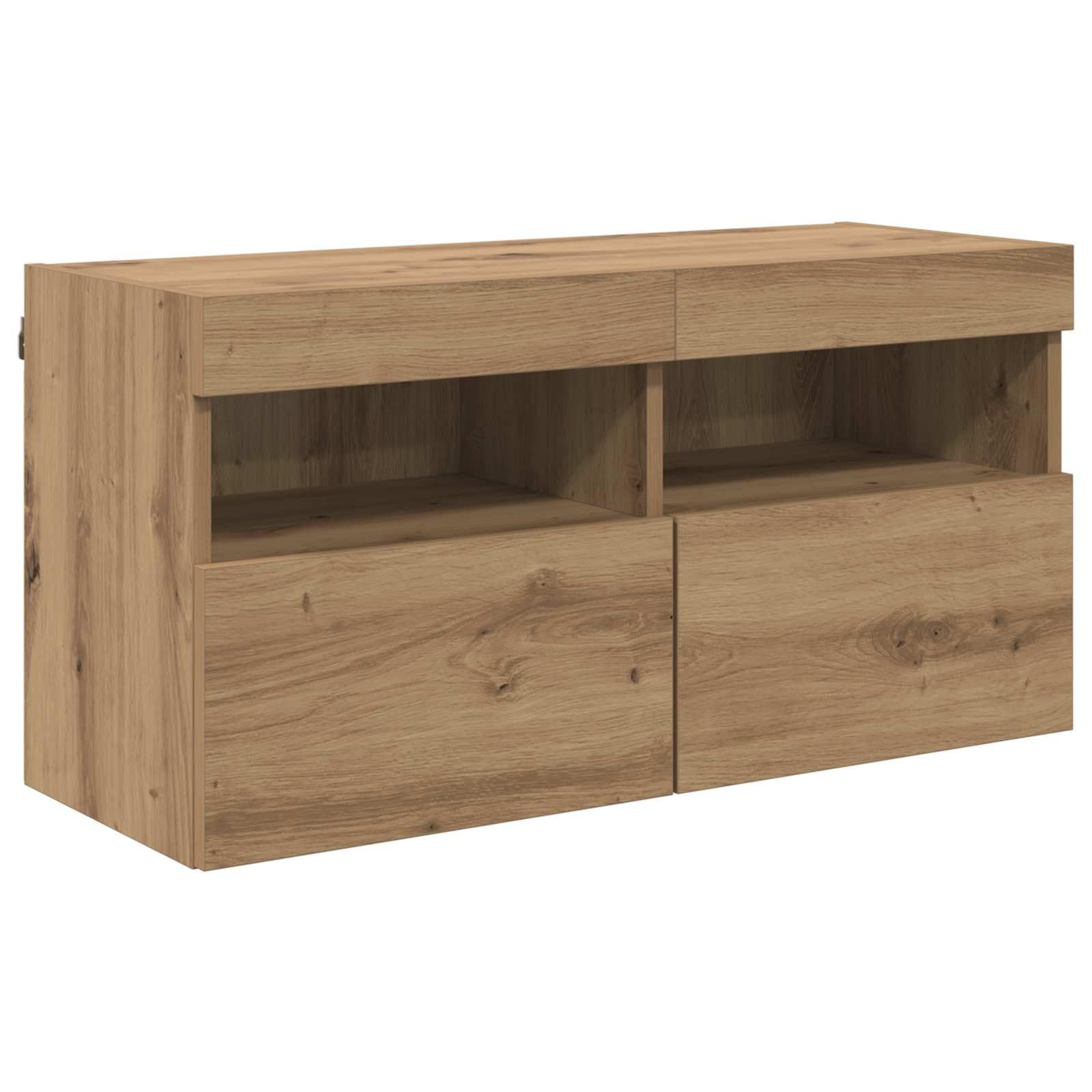 Zestaw 7 półek ściennych pod telewizor, dąb Artisan z materiału drewnopochodnego, montaż na ścianie, wiszący, szafka pod telewizor, przechowywanie multimediów, do salonu i kina domowego