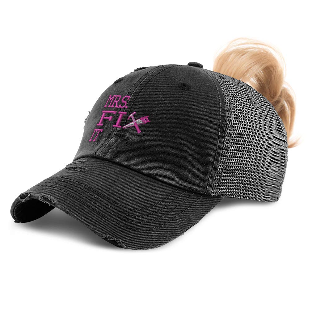 Womens Ponytail Cap Handywoman Mrs. Fix It D Embroidery Distressed Trucker Hats