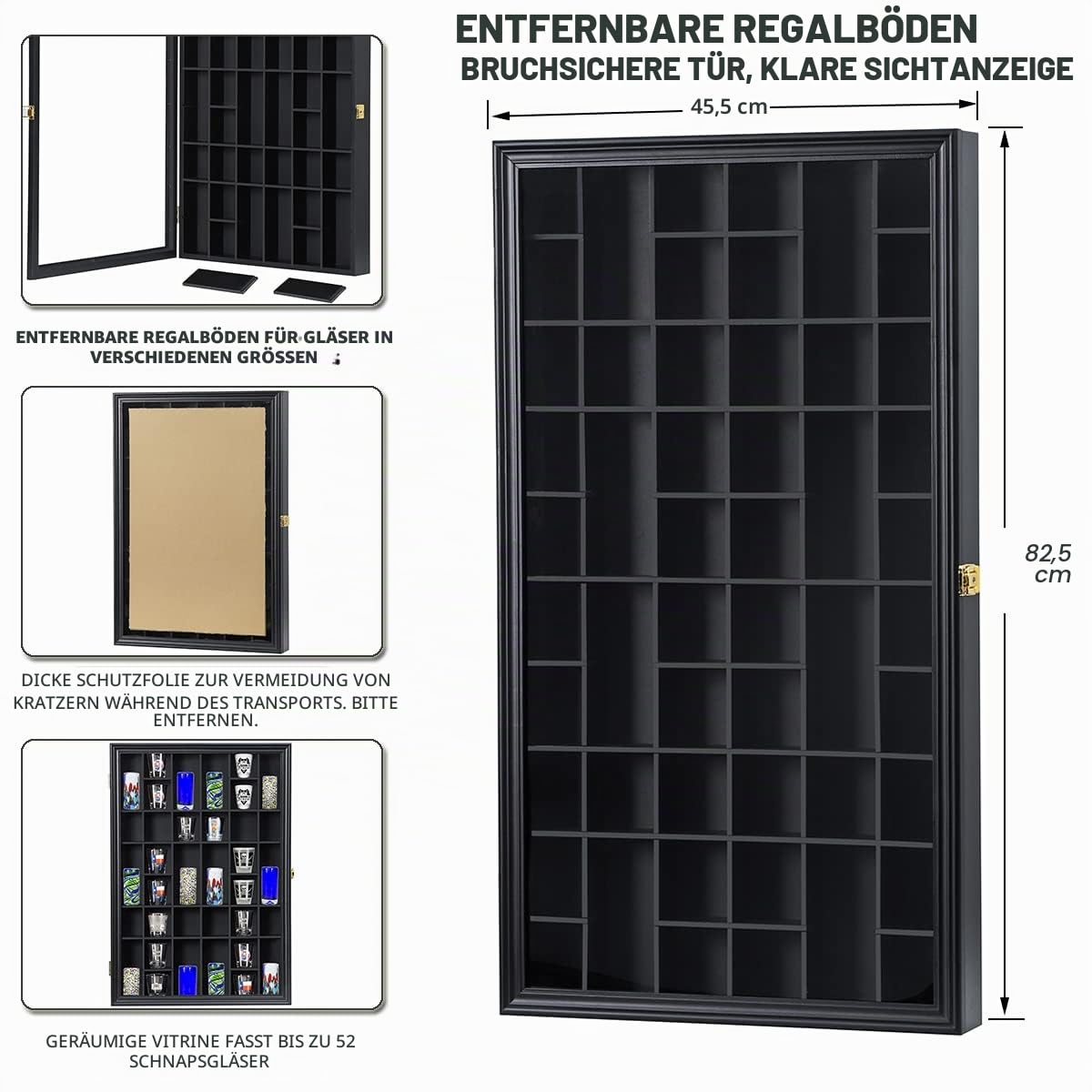Schnapsglas-Vitrine, großer Holzschrankhalter, Wandmontage, Schwarze Schattenbox, abschließbar mit UV-Schutz, Acryl-Glastür, Schnapsglas, 43.2x81.3 cm, 52 Steckplätze