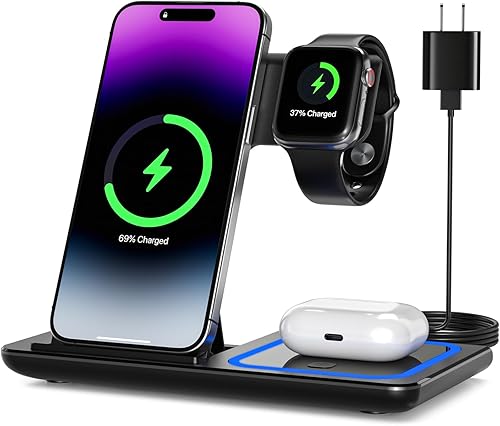 Estación de carga inalámbrica 3 en 1, soporte de cargador inalámbrico para iPhone 17 16e 16 15 14 Pro Max 13 12 11, base de carga para AirPods 4 3 2
