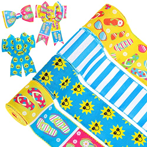 Whaline 4 Rolls Summer Wired Ribbons 24 Yards Flip Flop Sunshine Stripe Fabric Ribbon for Beach Party Wreath Bow DIY Craft Wrapping 2.5 Inch