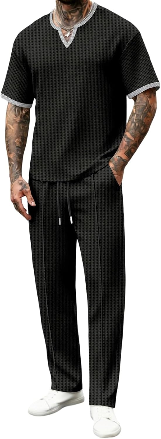 Cambkatl Men's Waffle Tracksuits Set - Pullover V Neck Short Sleeve Running Sweatsuit Business Casual 2 Piece Outfits