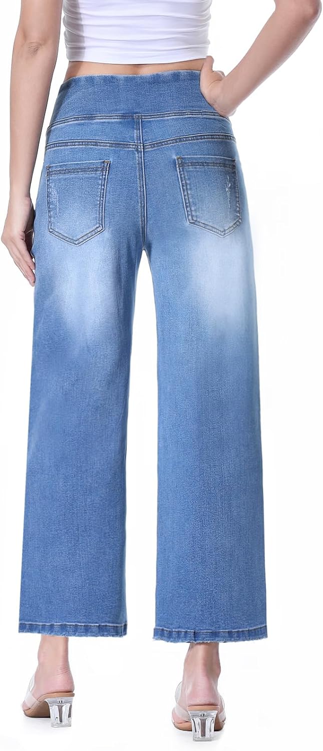 Wide Leg Capri Jeans for Women, Pull on High Waisted Trendy Stretchy Straight Leg Baggy Cropped Tummy Control Jeans - Image 2