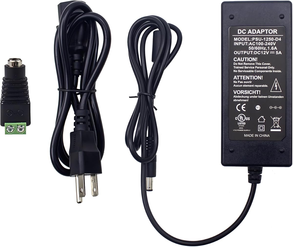 Ultra PoE UL Listed 12V 5A Power Adapter 60W AC 100-240V to DC 12V 5000mAh | With 4ft Cord, 5.5 x 2.5mm Plug & 5.5 x 2.1mm Jack Converter, for LED Light Bars, DVR/NVR, CCTV Camera, External HDD, Monitor