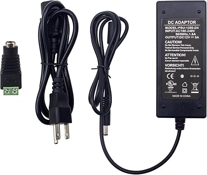 UL Listed 12V 5A Power Supply Adapter, AC 100-240V to DC 12Volt 5000mAh 60W Transformer with 4ft Cord & 5.5x2.5mm Plug, for LED Light Bars, DVR/NVR, CCTV Cameras