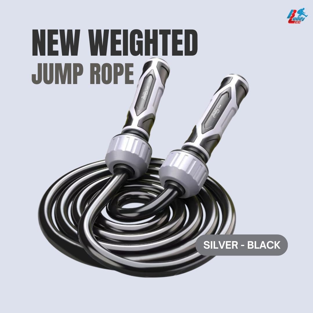 Buddy Lee Weighted Jump Rope 1.5 lbs – Heavy-Duty 10mm PVC Rope with Adjustable Length, Power Grip Handles & Carry Pouch – Grey/Black | Jump Rope