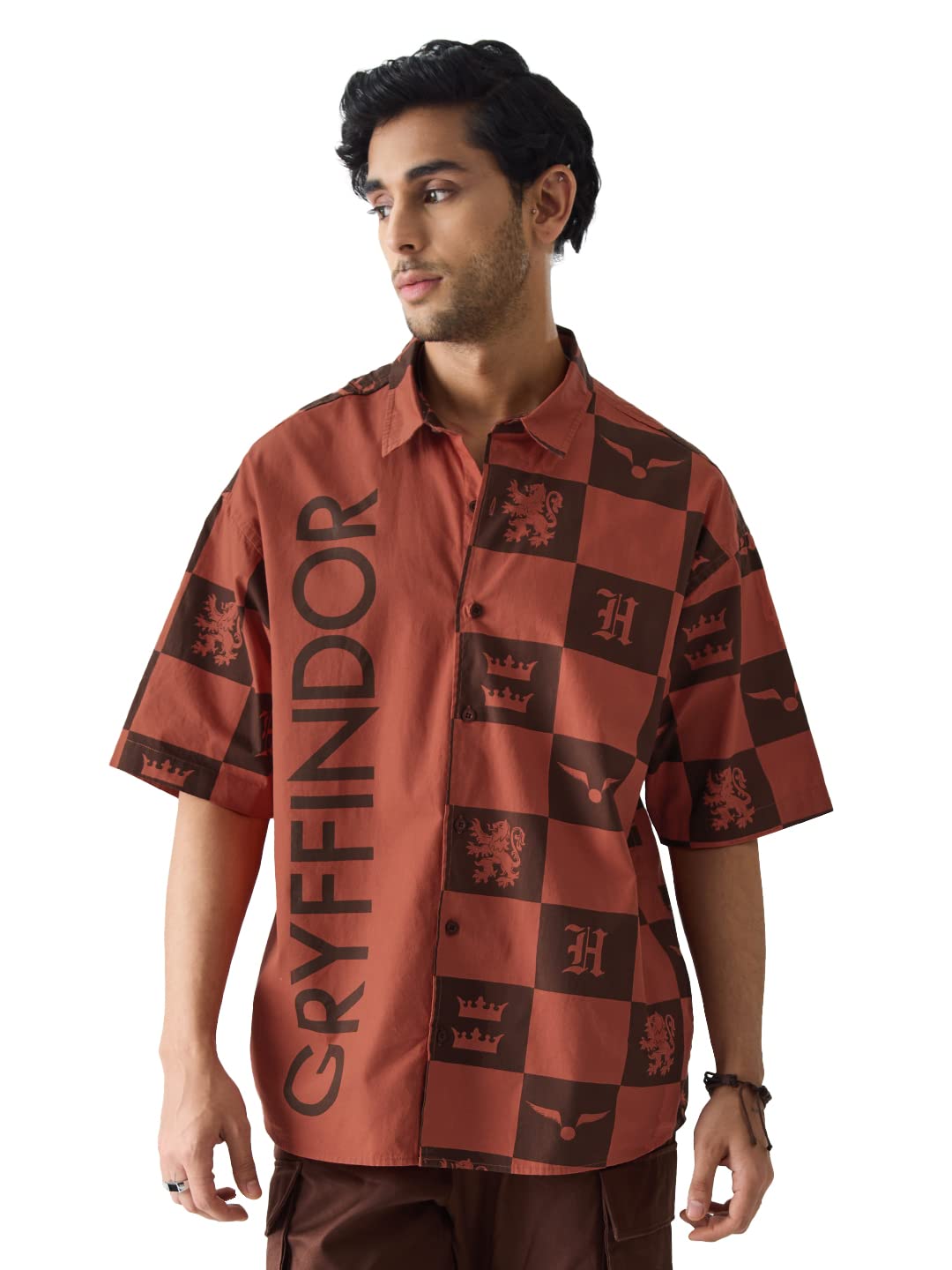 The Souled Store Official Harry Potter: Gryffindor Mens and Boys Graphic Printed Oversized fit Half Sleeve Cotton Red Color Oversized Shirts Shirt For Men Casual Half Sleeves Regular Fit Printed Styli