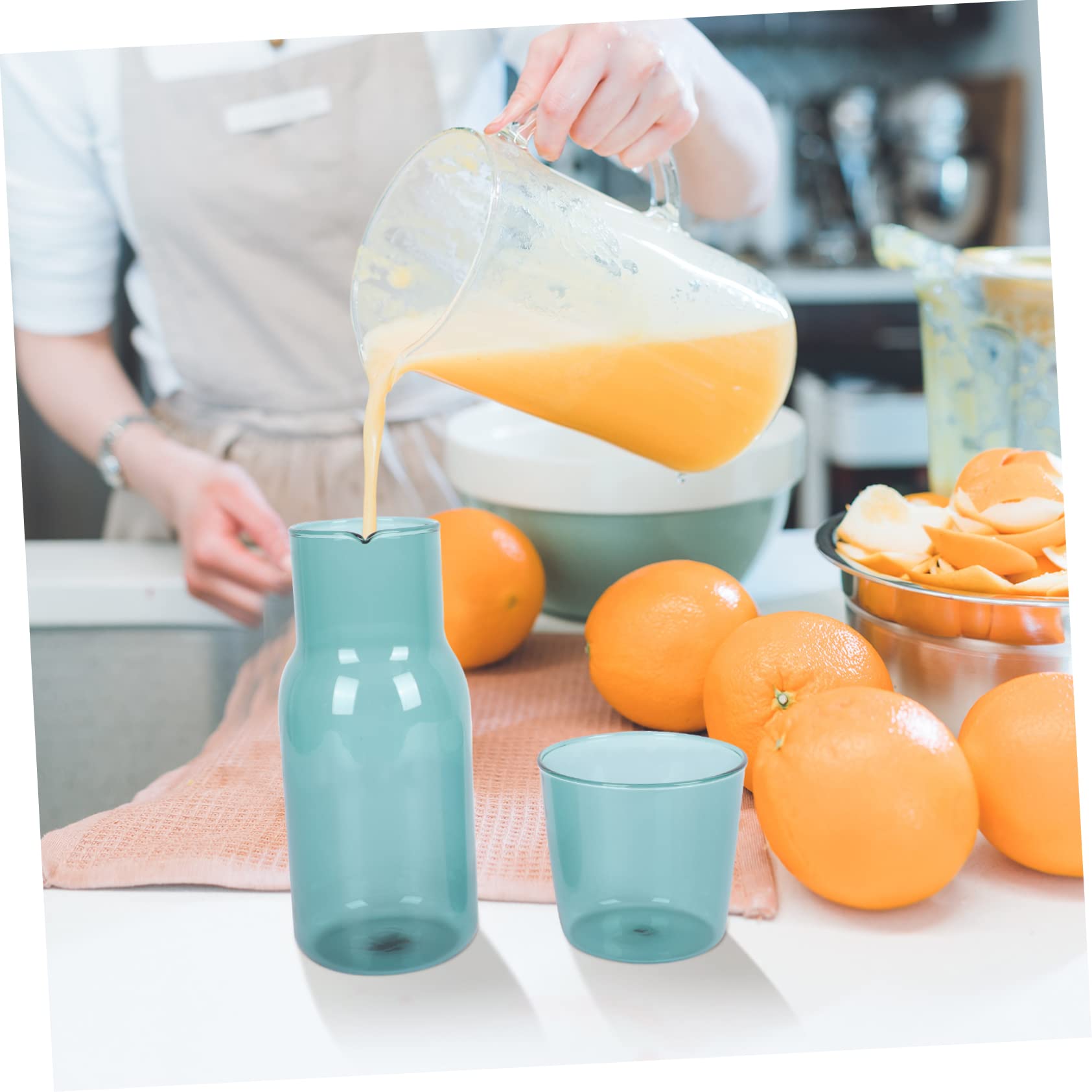 NAMOARLY 1set Glass Nightstand Water Carafe with Tumbler Clear Beverage Container Clear Water Bottles Portable Kettle for Travel Small Clear Cup Iced Tea Lemonade Clear Coffee Mugs Sky-blue