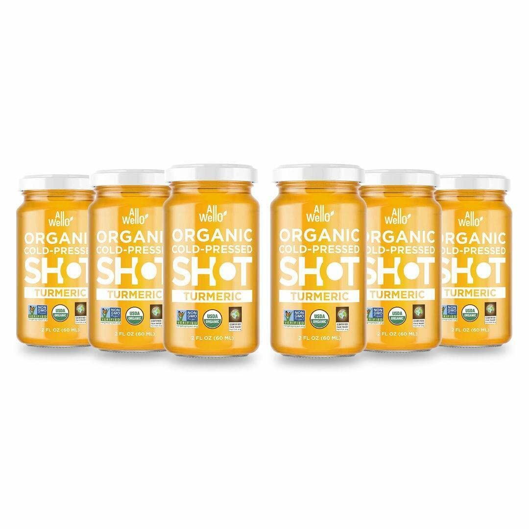 ALLWELLO Organic Turmeric Shot Certified Organic & Non-GMO Project Verified 2Fl Oz Each (6 Pack / 12Fl Oz Total)