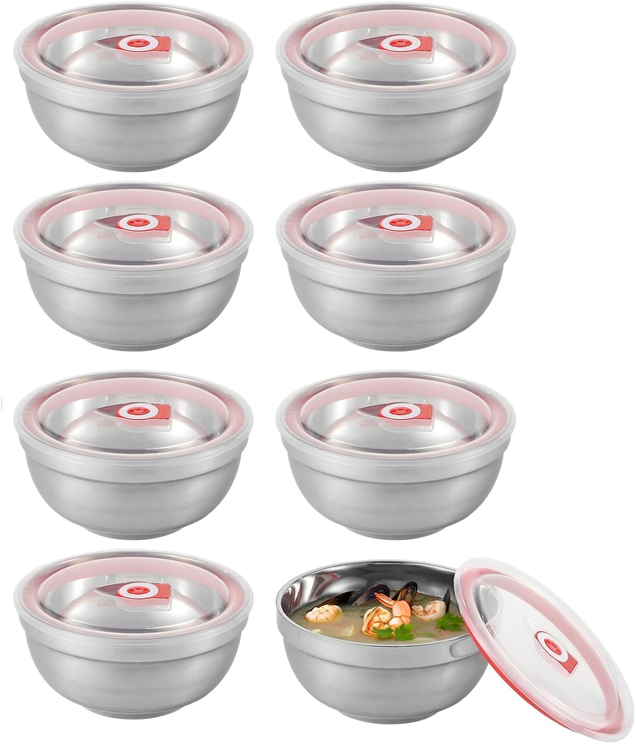 8 PCS Stainless Steel Bowls with Lids, 65oz Insulated Bowls for Hot and Cold Food for Noodles Soup Rice, Food-Safe, Good Sealing, Easy to Clean