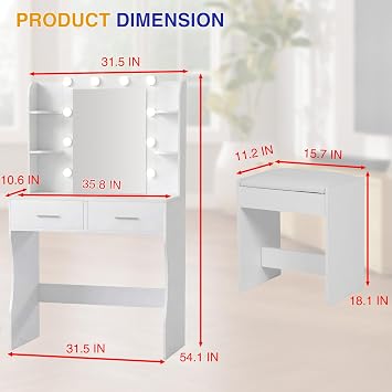 FDW Vanity Desk with Mirror and Lights, 2-Drawer Makeup Vanity Desk with 3 Adjustable Light Colors, 6 Shelves and Power Outlets for Bedroom, White
