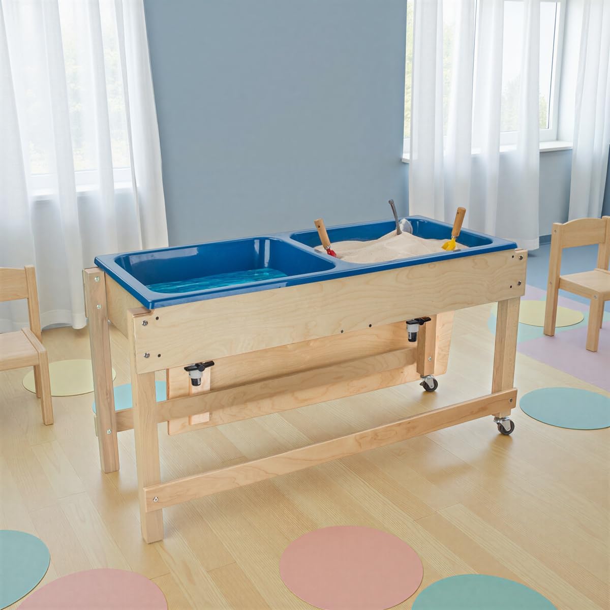 Wood Designs GREENGUARD Gold Certified Sand and Water Activity Table with Double Divided Plastic Tub, Dual Drain Faucets, Locking Casters & Storage Lid – Birch Plywood Indoor Sensory Play Table