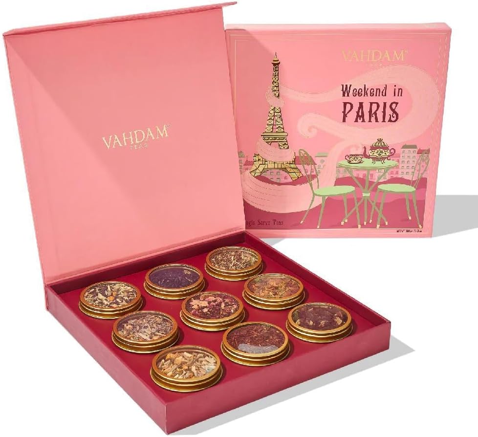 VAHDAM, Weekend in Paris Tea Gift Set - 9 Assorted Teas | Travel Edition Gift Box | Natural Ingredients Luxury Tea Set | Gluten Free, Non-GMO