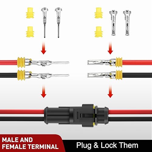 Vista 70 de Nilight Conector de terminal 50020R de 2 pines de 16 AWG de cable impermeable de 0.059 pulgadas, paquete de 10