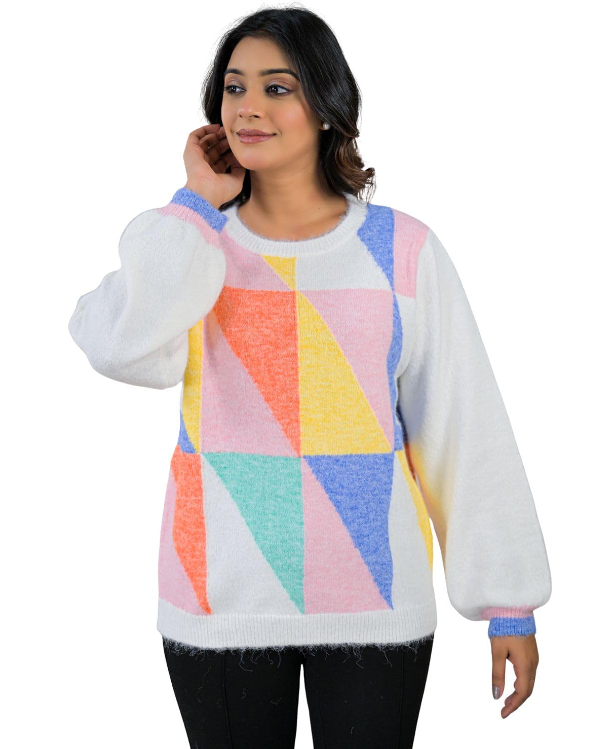 Womens Modern Geometric Pattern Long Sleeve Round Neck Knit Pullover-image-25